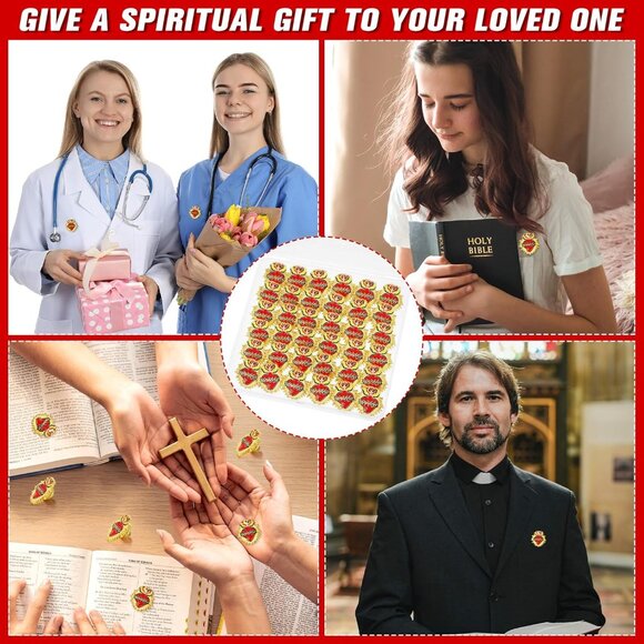 Christian Lapel Pins Sacred Heart of Jesus Enamel Brooches Bulk 50 Pack - Picture 5 of 6